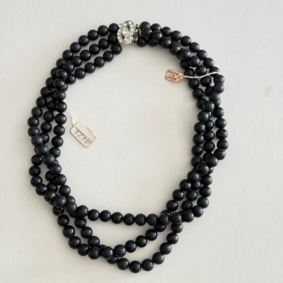 1960’s Black Faux Pearl Triple Strand Beaded Necklace Rhinestone Clasp Vintage - Picture 1 of 13